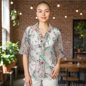 Aritzia Babaton Womens M Sheer Embroidered Blouse Script Beige Art To Wear Artsy